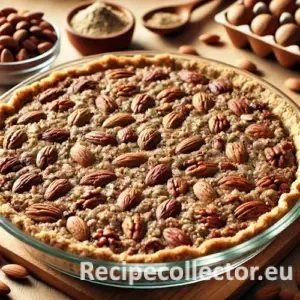 A textured raw nut pie crust made from blended nuts and dates, pressed into a glass pie dish, sitting on a wooden countertop with natural light and scattered whole nuts in the background.