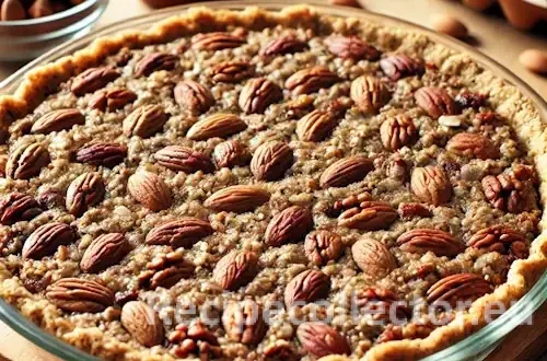 A textured raw nut pie crust made from blended nuts and dates, pressed into a glass pie dish, sitting on a wooden countertop with natural light and scattered whole nuts in the background.