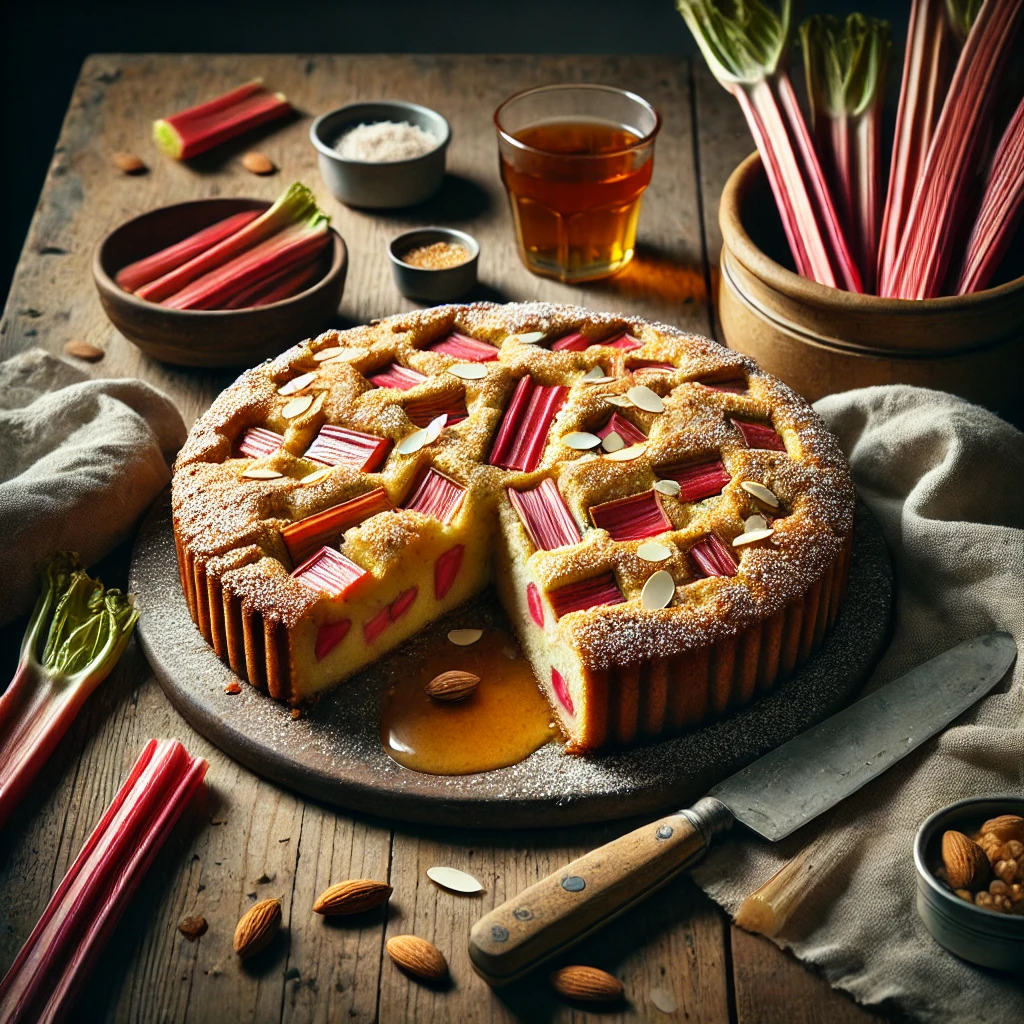 Rhubarb and Almond Cake, golden brown with soft, baked rhubarb pieces on top, lightly dusted with powdered sugar and garnished with slivered almonds. The cake is displayed on a rustic wooden table with a small bowl of fresh rhubarb, a wooden cake knife, a linen napkin, and a cup of tea, illuminated by soft natural lighting for a cozy and inviting presentation.
