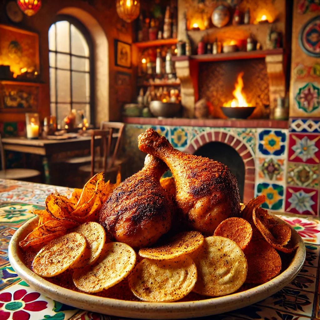 Rustic chicken legs with crispy turnip chips, served in a vibrant Mexican-inspired kitchen