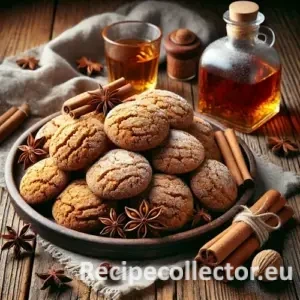 Golden brown rum spice cookies on a wooden table, dusted with powdered sugar and surrounded by cinnamon sticks, star anise, and a small rum bottle.