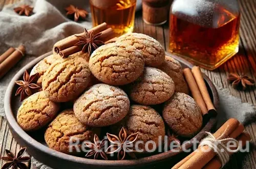 Golden brown rum spice cookies on a wooden table, dusted with powdered sugar and surrounded by cinnamon sticks, star anise, and a small rum bottle.