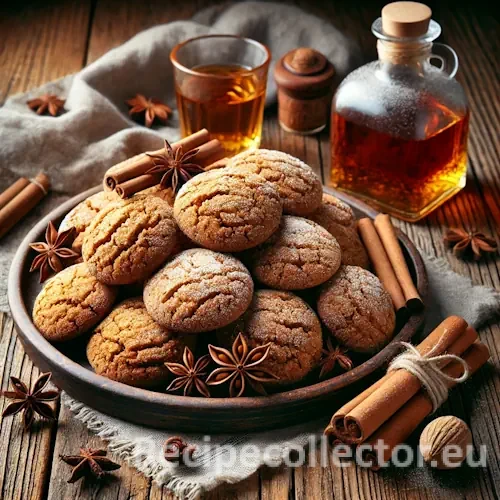 Golden brown rum spice cookies on a wooden table, dusted with powdered sugar and surrounded by cinnamon sticks, star anise, and a small rum bottle.