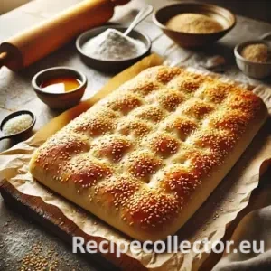 Golden-brown sesame faux-caccia bread on parchment paper, topped with sesame seeds and coarse salt, placed on a rustic wooden table with baking tools in the background.