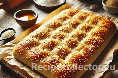 Golden-brown sesame faux-caccia bread on parchment paper, topped with sesame seeds and coarse salt, placed on a rustic wooden table with baking tools in the background.
