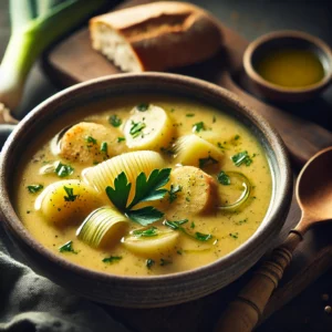 A rustic bowl of creamy vegan potato leek soup with a smooth, golden broth, garnished with fresh parsley and a drizzle of olive oil, served with a slice of crusty bread and a wooden spoon on a dark wooden table in soft natural light.