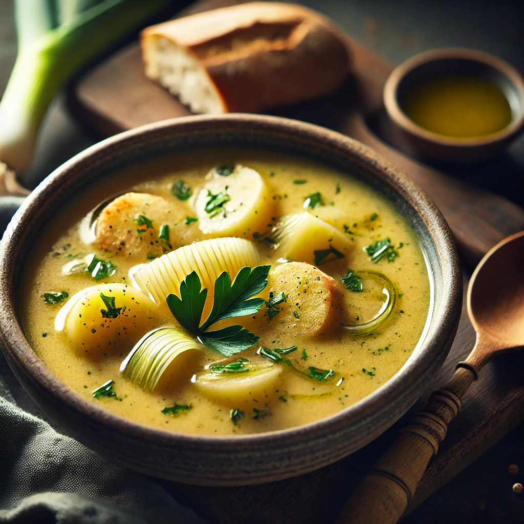 A rustic bowl of creamy vegan potato leek soup with a smooth, golden broth, garnished with fresh parsley and a drizzle of olive oil, served with a slice of crusty bread and a wooden spoon on a dark wooden table in soft natural light.