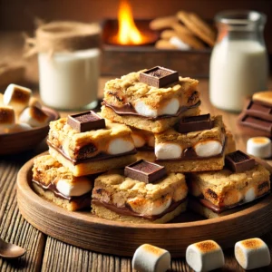 S'More Cookie Bars on a rustic wooden platter, featuring layers of graham cracker crust, melted chocolate, and toasted marshmallow between soft cookie dough. Some pieces are stacked to reveal their gooey interior, set on a wooden table with a glass of milk and a bowl of extra marshmallows in the softly blurred background.