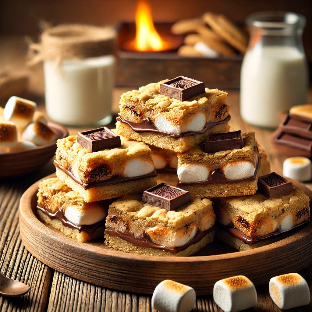 S'More Cookie Bars on a rustic wooden platter, featuring layers of graham cracker crust, melted chocolate, and toasted marshmallow between soft cookie dough. Some pieces are stacked to reveal their gooey interior, set on a wooden table with a glass of milk and a bowl of extra marshmallows in the softly blurred background.