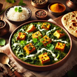 Saag Baag with sautéed tofu cubes in a creamy spinach curry, garnished with coconut cream and cilantro, served with naan bread and basmati rice on a rustic wooden table in a cozy setting.