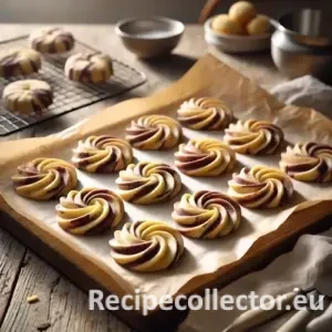 A rustic baking scene showing marbled shortbread cookies with swirls of vanilla and chocolate dough, freshly baked and arranged on parchment paper.