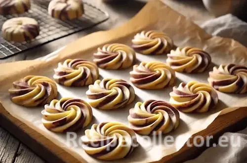 A rustic baking scene showing marbled shortbread cookies with swirls of vanilla and chocolate dough, freshly baked and arranged on parchment paper.