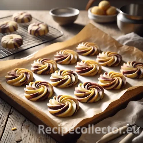 A rustic baking scene showing marbled shortbread cookies with swirls of vanilla and chocolate dough, freshly baked and arranged on parchment paper.