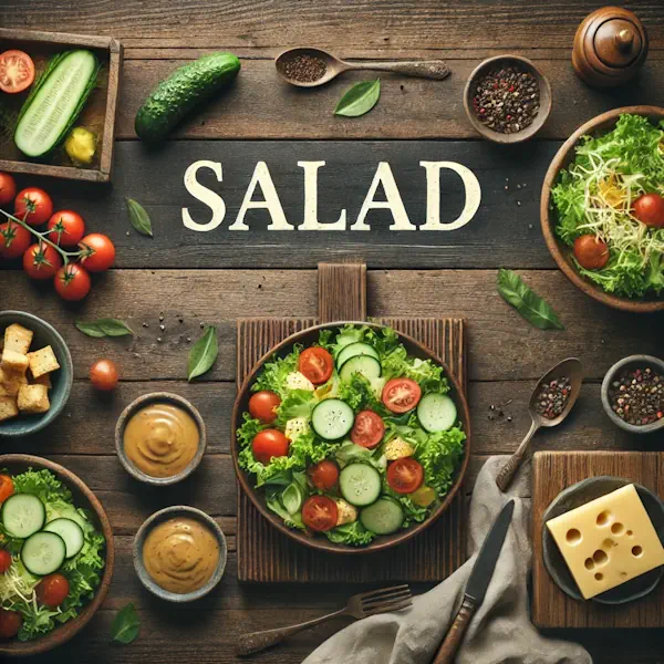 A rustic flat lay of salads on a medium-dark wooden table with horizontal planks. The bowls contain fresh salad with lettuce, tomatoes, cucumbers, and colorful vegetables, garnished with cheese, croutons, or herbs. At the top, the word 'SALAD' is written in large cream-colored serif letters, centered and clearly visible.