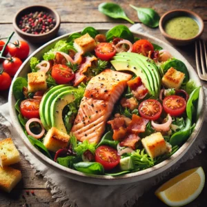 A fresh salmon BLT salad on a rustic wooden table, featuring flaky grilled salmon, crispy bacon, cherry tomatoes, avocado slices, and mixed greens, all tossed in a light dressing. Crunchy croutons add texture, and a lemon wedge is placed on the side for extra flavor. The salad is served in a large bowl, accompanied by a small dish of dressing and scattered fresh herbs. Soft natural lighting enhances the fresh, inviting tones.