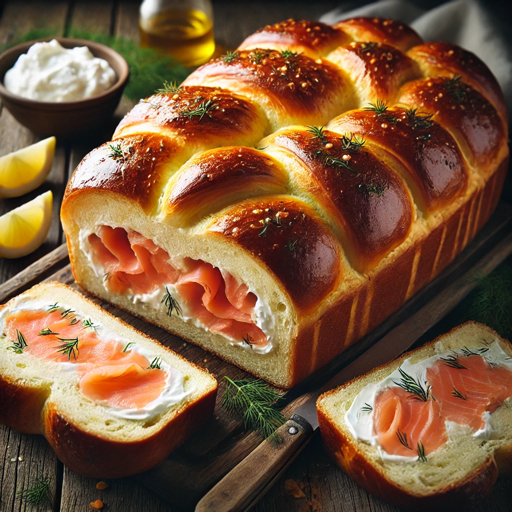 A freshly baked salmon brioche on a rustic wooden table, featuring a golden, glossy crust with a soft, buttery interior filled with tender smoked salmon and a light cream cheese spread. Some pieces are sliced open to reveal the rich, flaky layers with salmon inside. The loaf rests on a wooden cutting board, with scattered fresh dill, lemon slices, and a small dish of cream cheese nearby. Soft natural lighting enhances the warm, inviting tones.