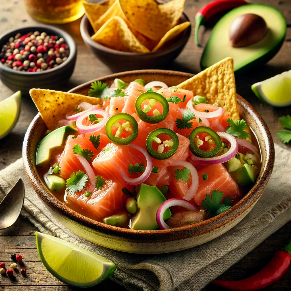 Thinly sliced raw salmon marinated in citrus juices, mixed with diced red onion, jalapeño, and avocado, garnished with fresh cilantro and red chili, served with tortilla or plantain chips.