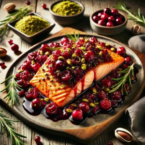 A rustic presentation of salmon with cranberry-pistachio sauce, elegantly arranged on a wooden table. The salmon fillets are perfectly seared to a golden crust and topped with a vibrant cranberry-pistachio sauce, combining tart cranberries and crunchy pistachios. The dish is garnished with fresh rosemary sprigs and a drizzle of balsamic glaze. Scattered around are whole cranberries, crushed pistachios, and a small dish of extra sauce. Soft natural lighting enhances the warm and inviting feel, with gentle shadows and a hint of rustic kitchen charm in the background.