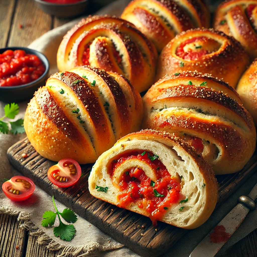 A batch of freshly baked Salsa Bread Rolls with a golden-brown crust and a soft, fluffy interior swirled with vibrant red salsa. The rolls have a rustic, artisanal appearance with a slightly glossy finish. They are arranged on a wooden cutting board atop a rustic wooden table, with a few rolls sliced open to reveal the flavorful tomato, onion, and herb filling. A small dish of salsa, fresh cilantro sprigs, and a linen napkin complete the cozy presentation. Warm, natural lighting enhances the inviting, homemade feel.