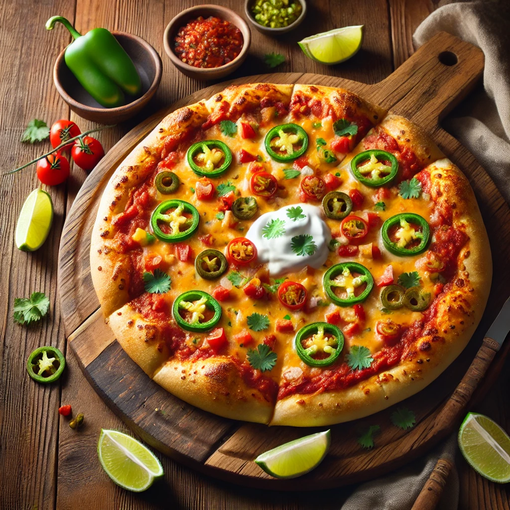 A beautifully plated Salsa Pizza with Cheese Crust served on a rustic wooden table. The pizza features a crispy cheese-stuffed crust topped with a zesty salsa base, melted cheddar and mozzarella cheese, sliced jalapeños, and diced bell peppers. Garnished with fresh cilantro and a drizzle of sour cream. Arranged on a wooden pizza board with a side of lime wedges. The warm wooden table is more visible, providing a cozy and inviting setting.