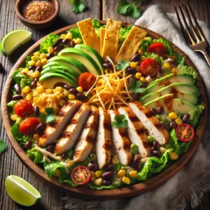 A plate of Santa Fe chicken salad with seasoned grilled chicken slices over crisp romaine lettuce, black beans, corn, cherry tomatoes, avocado slices, and shredded cheddar cheese on a rustic wooden table. Topped with crunchy tortilla strips, drizzled with creamy chipotle dressing, and garnished with fresh cilantro and lime wedges. A serving fork lifts a piece of chicken, enhancing the inviting presentation.