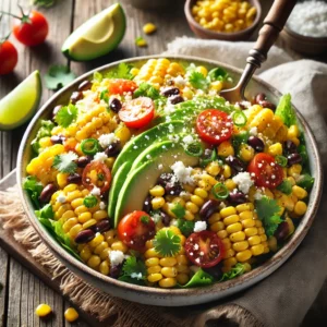 A bowl of Santa Fe corn salad with sweet corn, black beans, diced red bell peppers, cherry tomatoes, and avocado, coated in a zesty lime-cilantro dressing on a rustic wooden table. Garnished with crumbled cotija cheese and chopped green onions, with a serving spoon lifting a portion. A cozy napkin and wooden plate enhance the warm, inviting atmosphere.