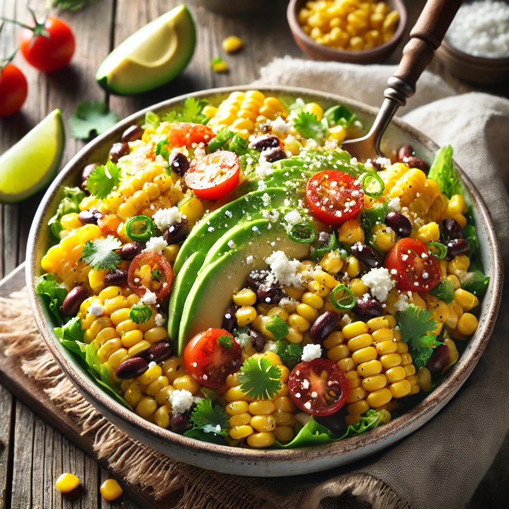 A bowl of Santa Fe corn salad with sweet corn, black beans, diced red bell peppers, cherry tomatoes, and avocado, coated in a zesty lime-cilantro dressing on a rustic wooden table. Garnished with crumbled cotija cheese and chopped green onions, with a serving spoon lifting a portion. A cozy napkin and wooden plate enhance the warm, inviting atmosphere.