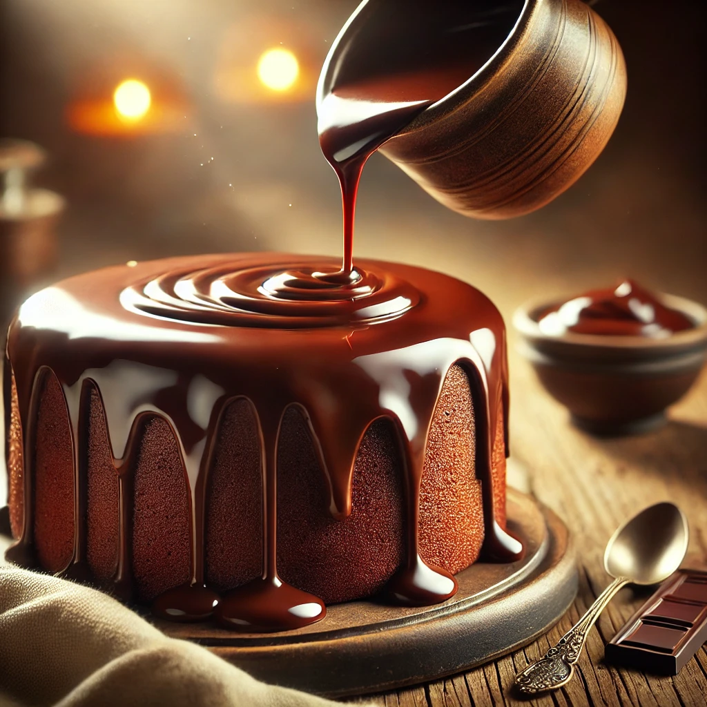 Satiny chocolate glaze being poured over a freshly baked cake, cascading in smooth, glossy ribbons. The cake sits on a rustic wooden table with a small bowl of extra chocolate glaze and a cup of coffee in the softly blurred background.