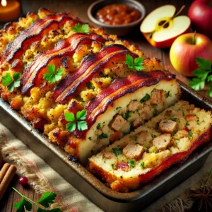 A loaf of sausage and Bramley apple stuffing wrapped in crispy, golden bacon and garnished with fresh parsley. The loaf is sliced to reveal a textured filling with pieces of apple, sausage, and herbs. Presented on a rustic ceramic platter with holiday decor including fresh herbs, roasted red onion wedges, and bay leaves. Warm natural lighting enhances the inviting colors and textures, creating a cozy, festive atmosphere.