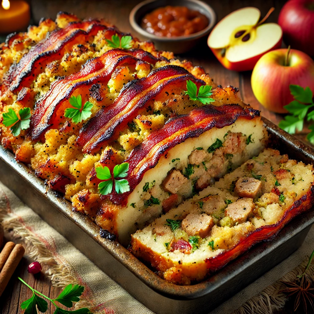 A loaf of sausage and Bramley apple stuffing wrapped in crispy, golden bacon and garnished with fresh parsley. The loaf is sliced to reveal a textured filling with pieces of apple, sausage, and herbs. Presented on a rustic ceramic platter with holiday decor including fresh herbs, roasted red onion wedges, and bay leaves. Warm natural lighting enhances the inviting colors and textures, creating a cozy, festive atmosphere.