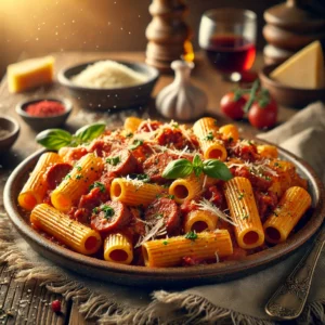 Sausage Rigatoni on a rustic ceramic plate, featuring al dente rigatoni pasta in a rich tomato sauce with crumbled Italian sausage, garlic, and herbs. Garnished with Parmesan and basil, set on a wooden table with a bowl of Parmesan and a glass of red wine in the softly blurred background.