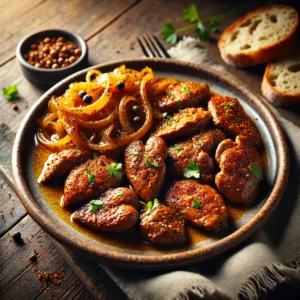 A beautifully plated dish of Sautéed Chicken Livers, featuring golden-brown, crispy livers seasoned with paprika and spices. The livers are served on a rustic ceramic plate, garnished with fresh herbs. A side of caramelized onions and crusty bread accompany the dish. The plate rests on a wooden table, with soft, warm lighting enhancing the rich, inviting presentation.