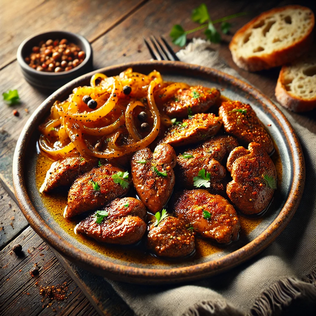 A beautifully plated dish of Sautéed Chicken Livers, featuring golden-brown, crispy livers seasoned with paprika and spices. The livers are served on a rustic ceramic plate, garnished with fresh herbs. A side of caramelized onions and crusty bread accompany the dish. The plate rests on a wooden table, with soft, warm lighting enhancing the rich, inviting presentation.
