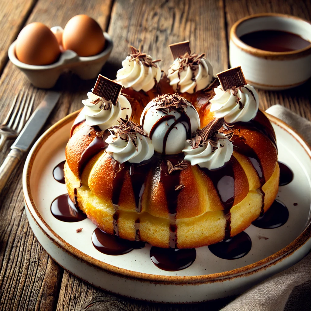 A beautifully plated Savarin with Chocolate Sauce and Eggs served on a rustic wooden table. The Savarin is a golden, ring-shaped yeast cake soaked in a light syrup and drizzled with rich chocolate sauce. Garnished with a dollop of whipped cream and chocolate shavings. Served on a white ceramic plate with a side of poached eggs. The warm wooden table is more visible, providing a cozy and inviting setting.