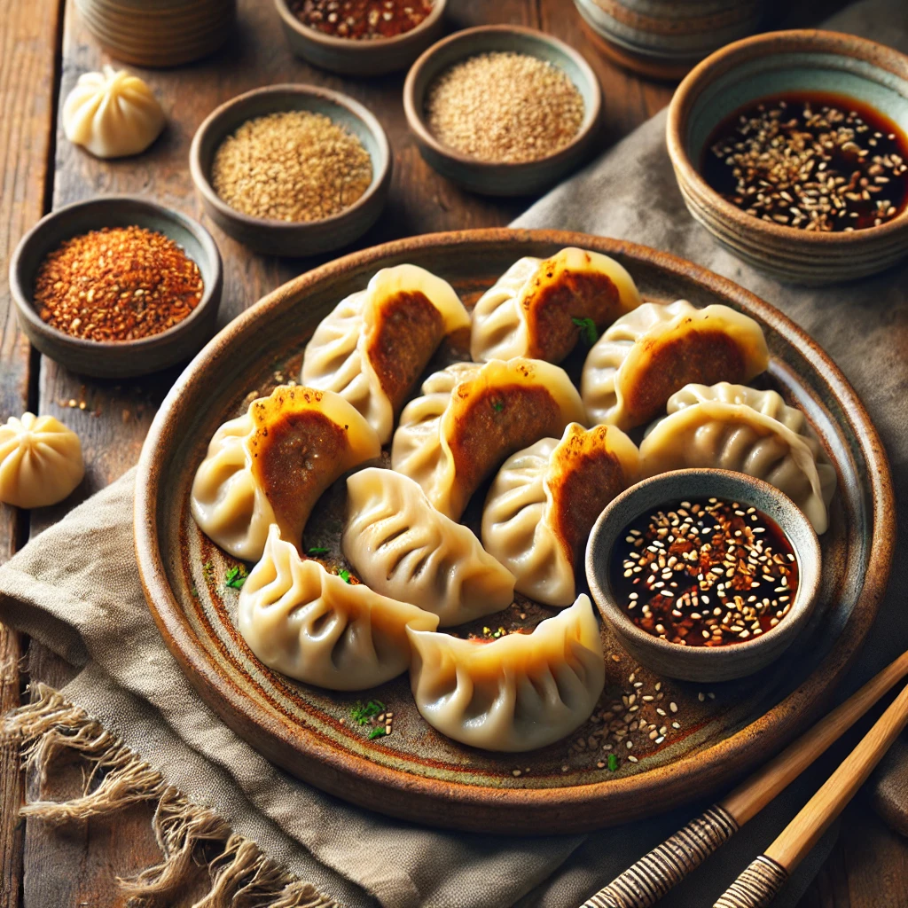 Golden-brown beef dumplings arranged neatly with a side of soy-sesame dipping sauce, garnished with toasted sesame seeds and served on a rustic ceramic plate, complemented by a wooden table and soft natural lighting for an authentic and inviting presentation.
