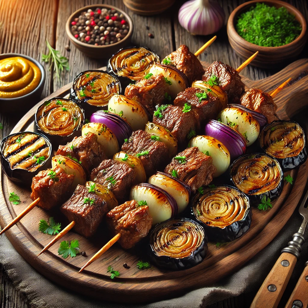Beef skewers with pearl onions and eggplant, featuring juicy, golden-brown beef cubes, caramelized pearl onions, and tender eggplant pieces, garnished with fresh herbs. The skewers are served on a rustic wooden platter, accompanied by small bowls of marinade ingredients, and set on a cozy wooden table with soft lighting highlighting the vibrant colors and textures of the meal.