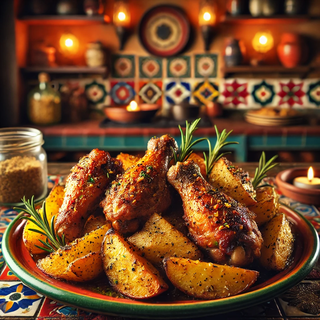Turkey wings with butter roasted potatoes on a vibrant Mexican-inspired plate with rustic kitchen decor.