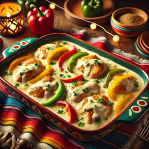 Chicken Delight with colorful bell peppers and creamy sauce, served in a Mexican-inspired baking dish.
