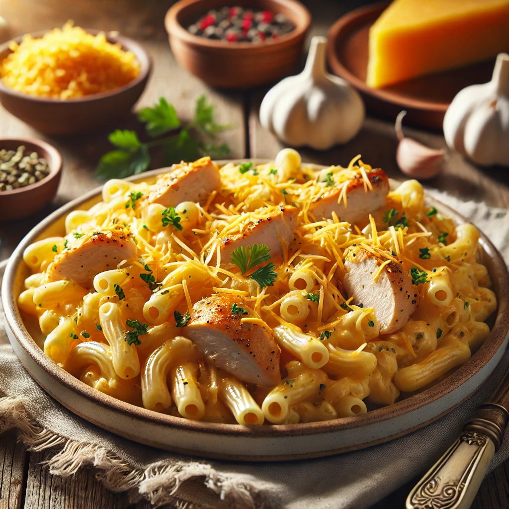 Tender, seasoned chicken pieces mixed with creamy, cheesy macaroni pasta, garnished with fresh parsley and grated cheese for extra richness.