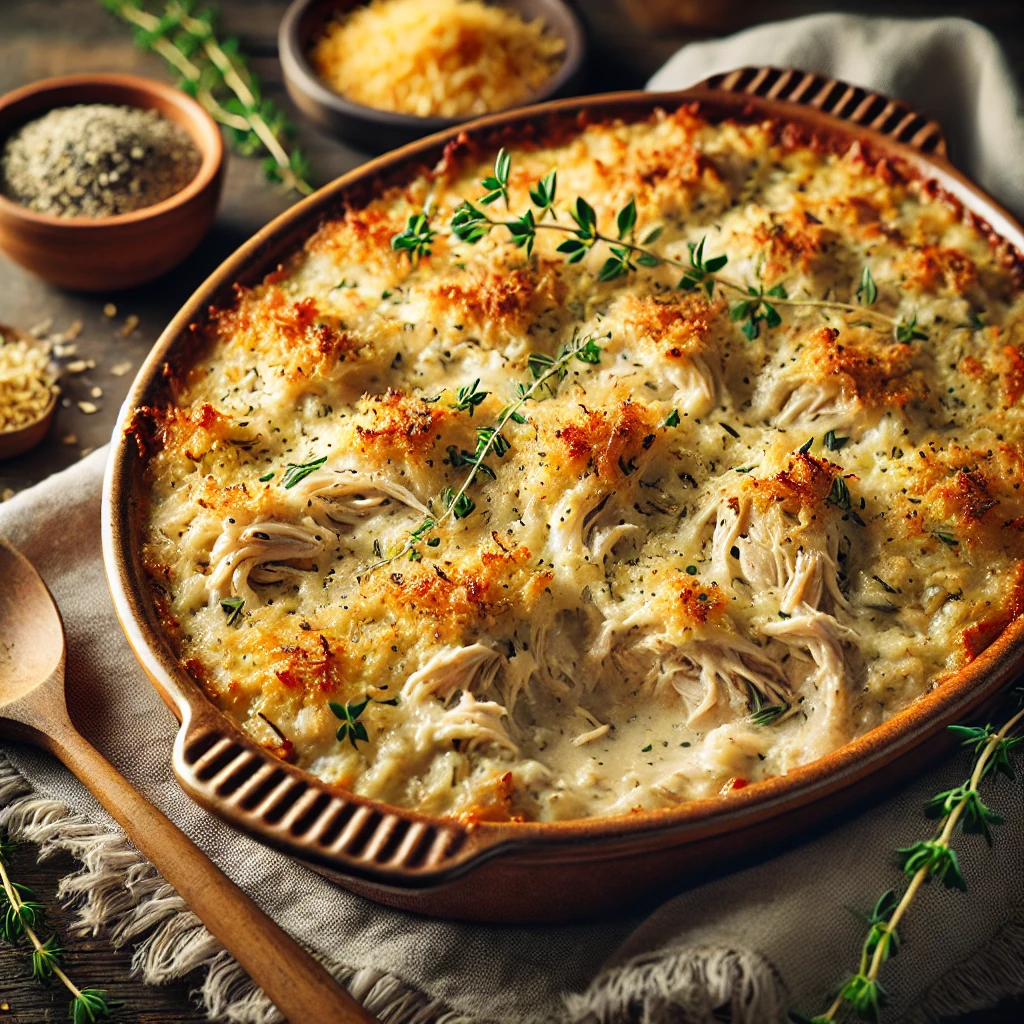 A hearty and comforting casserole featuring tender shredded chicken, wild rice, and a creamy herb-infused sauce, topped with a golden, crispy breadcrumb crust.
