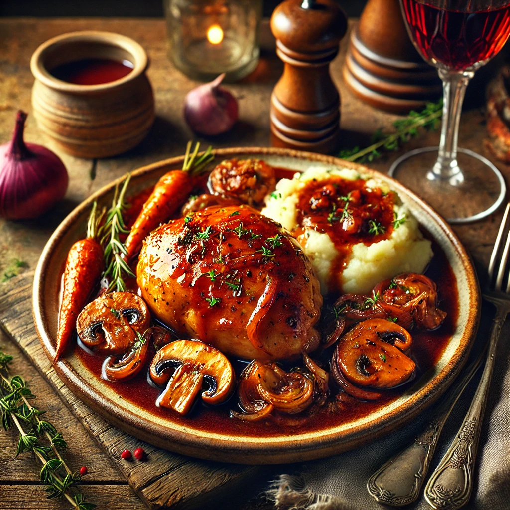 A hearty dish of golden-brown chicken smothered in a savory red wine sauce, topped with caramelized onions, mushrooms, and fresh herbs. The plate is paired with creamy mashed potatoes and roasted carrots, beautifully arranged on a rustic ceramic plate. The setting includes a rustic wooden table with a glass of red wine and a small bowl of sauce, bathed in warm natural light that highlights the rich textures and colors of the meal.
