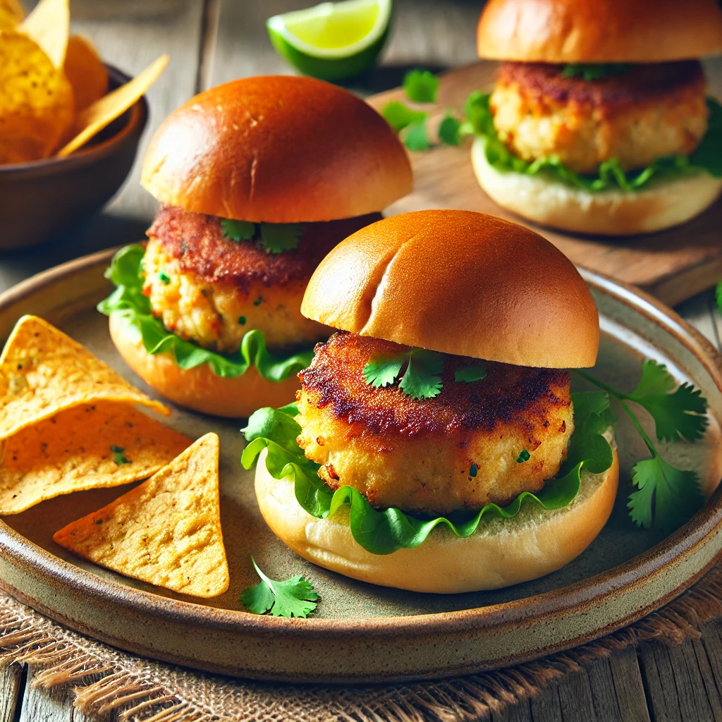 Golden, crispy crab cake patties served on soft dinner rolls, garnished with fresh cilantro, placed on a rustic ceramic plate with a side of tortilla chips, under soft natural lighting for a vibrant and appetizing presentation.