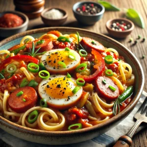 A rustic bowl of tender egg noodles topped with a rich tomato-based sausage-pepper sauce, featuring slices of pork sausage, red and green bell peppers, and scallions. Garnished with fresh herbs, the dish is presented in a cozy dining setup with a wooden table, simple utensils, and warm natural lighting highlighting its vibrant colors and hearty textures.