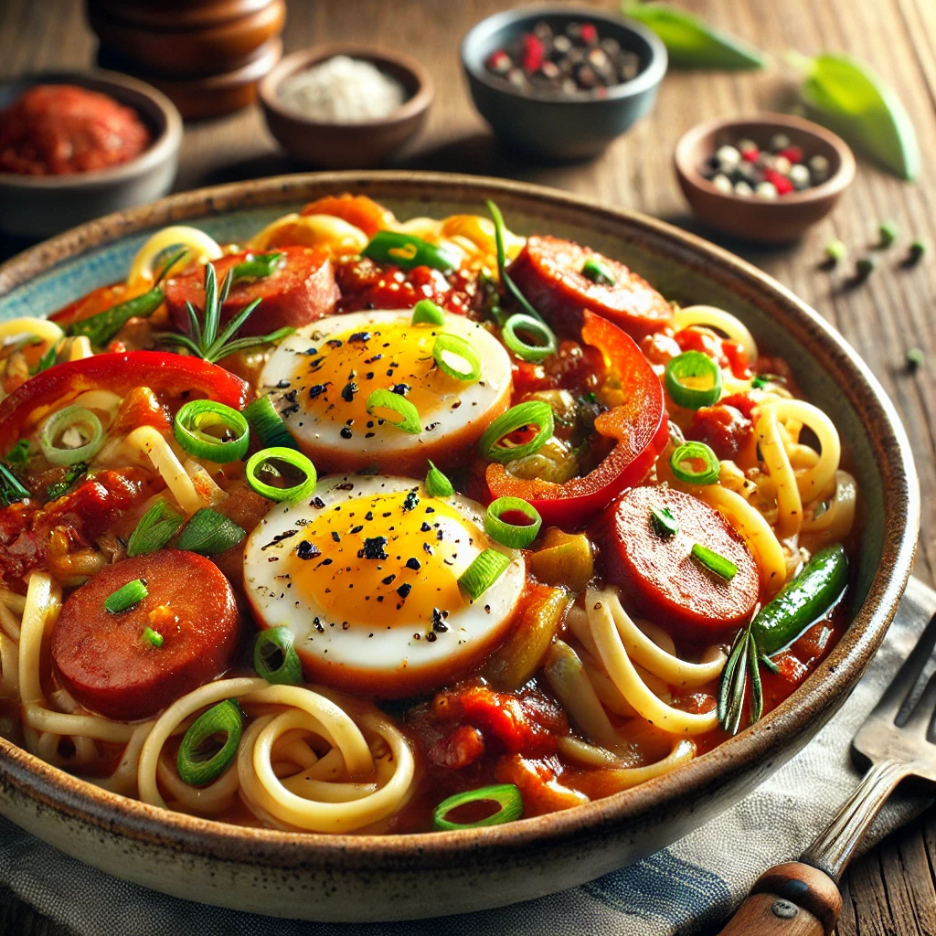 A rustic bowl of tender egg noodles topped with a rich tomato-based sausage-pepper sauce, featuring slices of pork sausage, red and green bell peppers, and scallions. Garnished with fresh herbs, the dish is presented in a cozy dining setup with a wooden table, simple utensils, and warm natural lighting highlighting its vibrant colors and hearty textures.