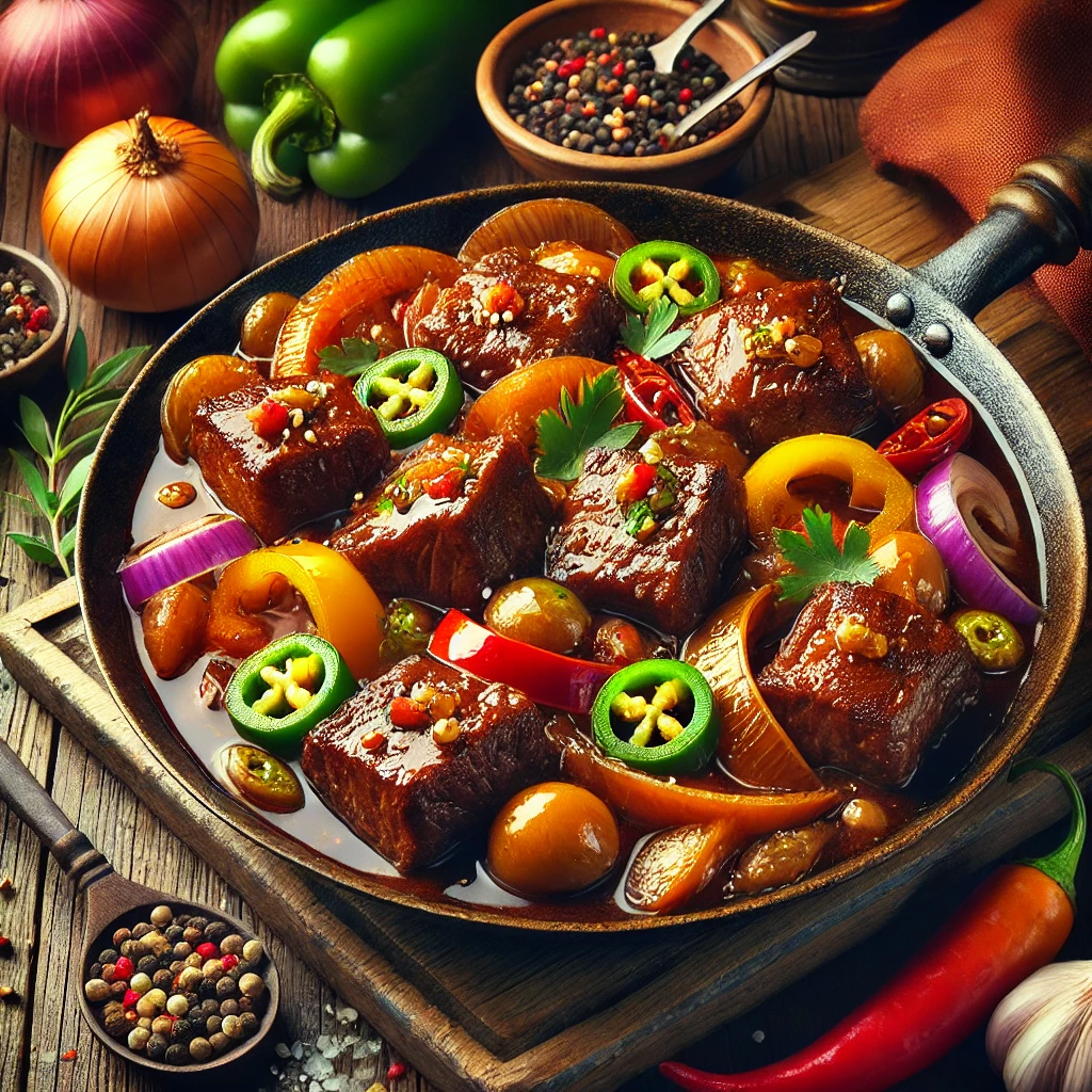 A flavorful dish of Filipino Pork Adobo featuring tender roasted Boston butt in a rich soy sauce and vinegar glaze, accompanied by colorful bell peppers, jalapeño slices, and red onions. The dish is garnished with fresh herbs and served in a rustic wok, set against a traditional Filipino-inspired table with warm natural lighting enhancing its vibrant and glossy appearance.