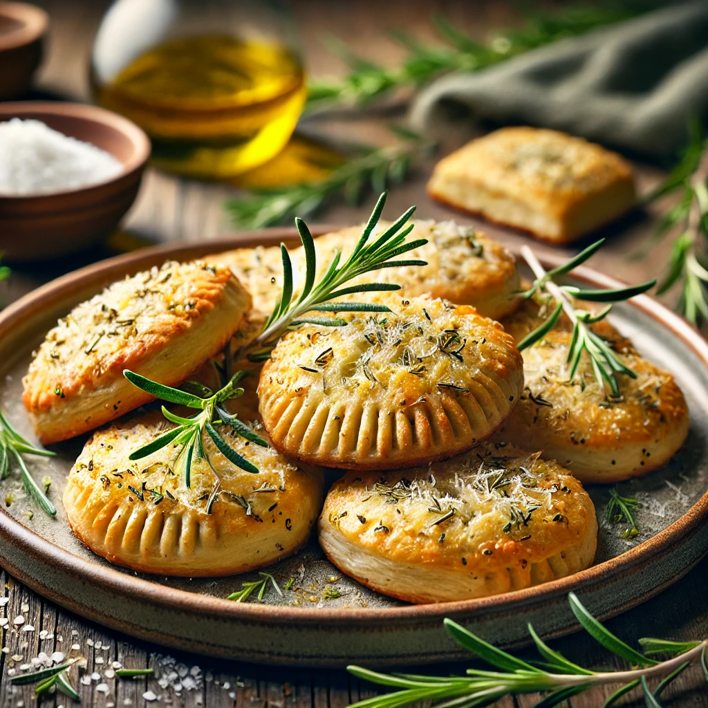 Savory Italian-style flaky cookies, golden-brown and infused with rosemary, thyme, and Parmesan, garnished with rosemary sprigs and sea salt, served on a ceramic plate with olive oil on a wooden table.