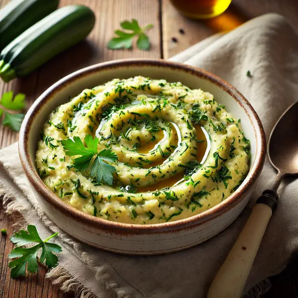 Ultra-sharp image of creamy mashed zucchini garnished with parsley and chives, lightly drizzled with olive oil. Served in a white ceramic bowl on a rustic wooden dining table with spoon and linen napkin, captured in bright natural light.