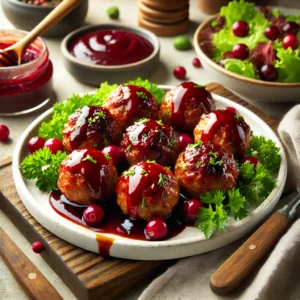 A plate of meatballs with cranberry sauce, garnished with chopped parsley and served on a white dish. The meatballs are glazed in a rich cranberry and BBQ sauce, accompanied by a bowl of extra sauce and vibrant salad greens. The setup includes rustic wooden utensils, all placed in a cozy, modern kitchen with warm lighting.