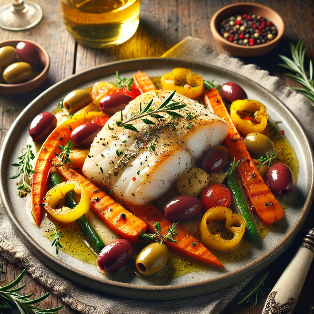 Tender, golden monkfish fillets surrounded by sautéed carrots, bell peppers, and sliced Kalamata olives, garnished with sprigs of rosemary and thyme, creating a vibrant and elegant Mediterranean presentation.