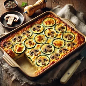 Ultra-sharp image of a golden-brown mushroom and zucchini bake with bubbling melted cheese. Visible layers of zucchini and sautéed mushrooms in a creamy filling, served in a rectangular ceramic dish on a rustic wooden dining table with a serving spoon and linen napkin, captured in bright natural light.